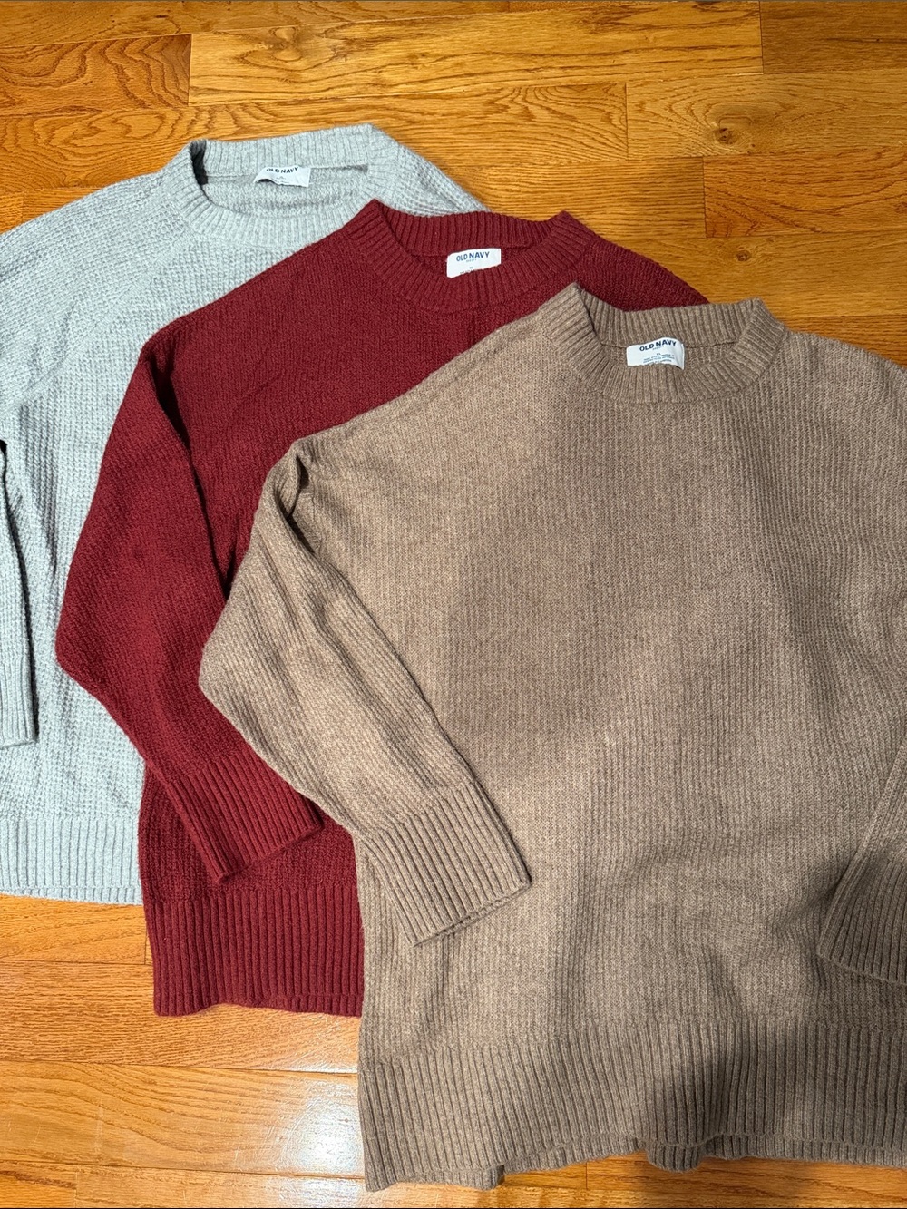 Old Navy Women’s Crewneck Sweater Trio Bundle- Burgundy, Beige, Light Gray